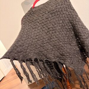 Charcoal Fringed Knit Poncho